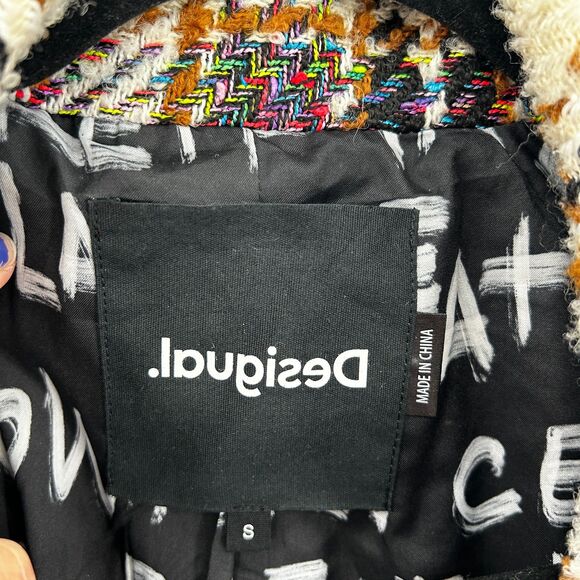 DESIGUAL Cream Black Neon Colorful Plaid Tweed Oversized Heavy Duke Coat Small - Picture 12 of 12
